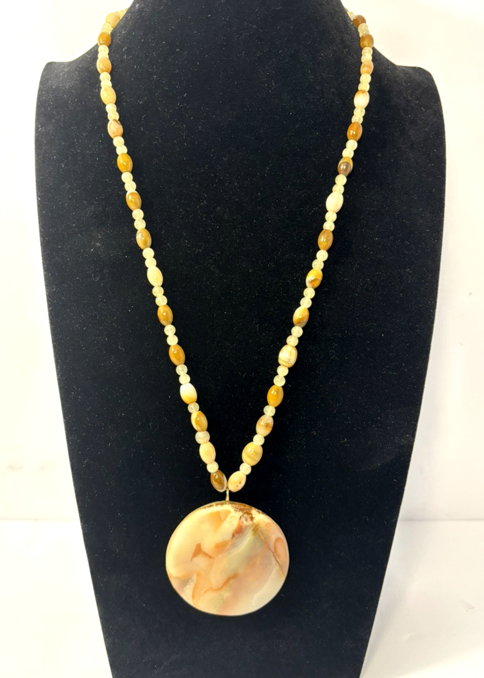 Long Beaded Necklace w Large Agate Style Pendant Neutral Tones 26”